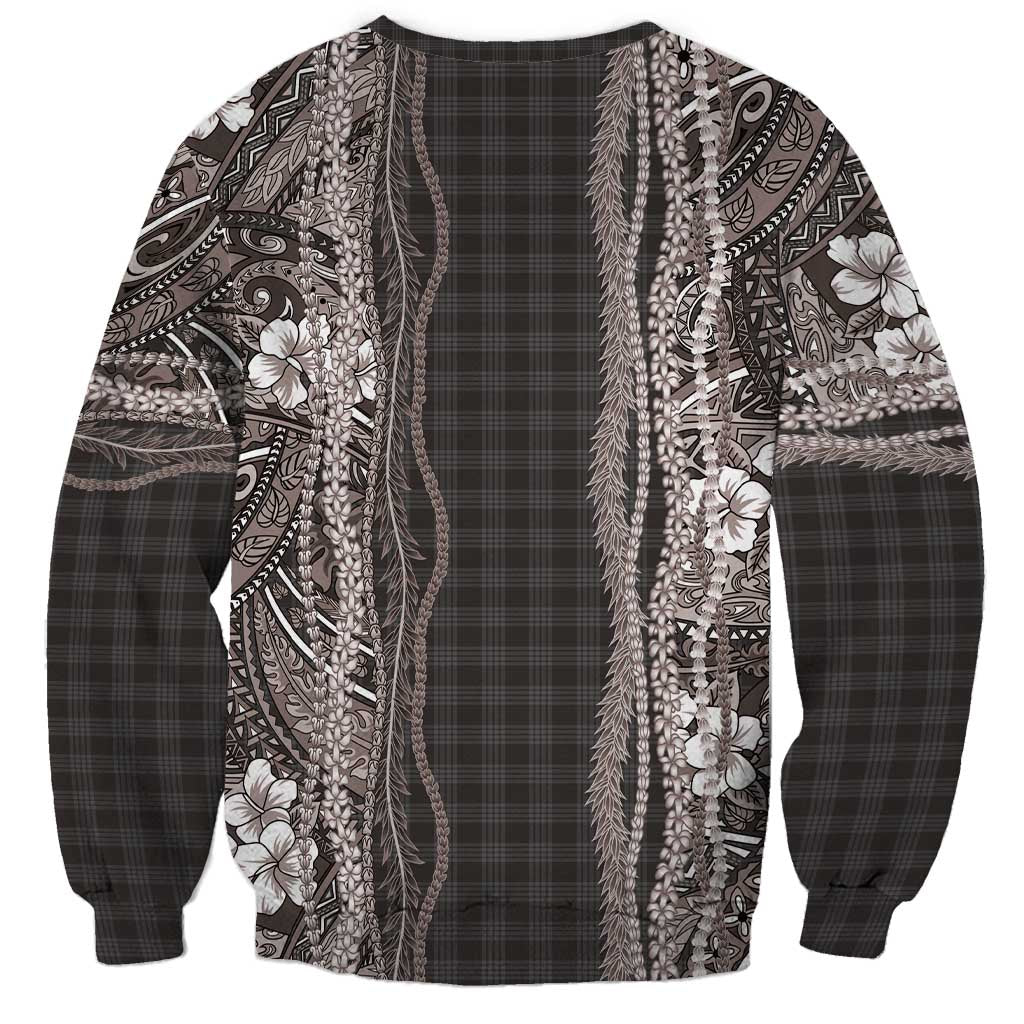 Hawaiian Art Flower Tribal with Lei Sweatshirt Palaka Pattern Grayscale - Polynesian Pride
