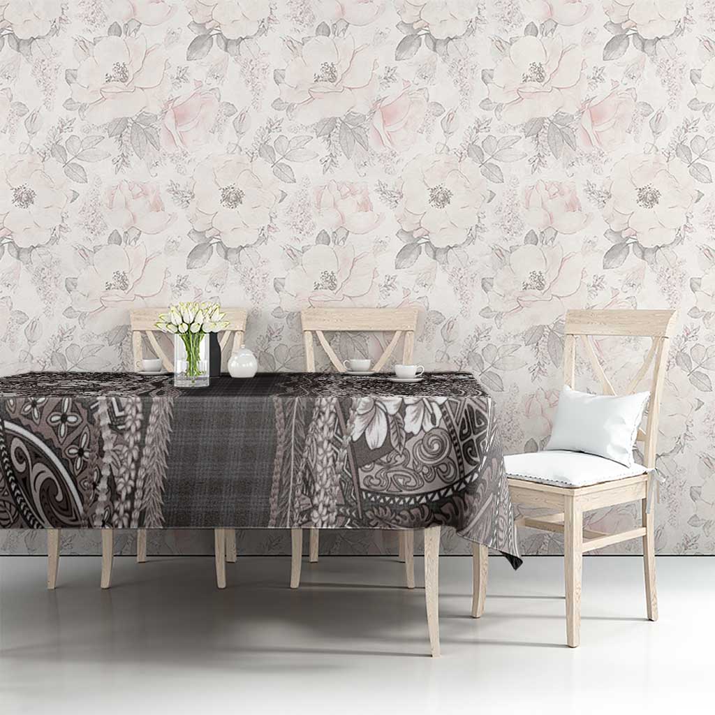 Hawaiian Art Flower Tribal with Lei Tablecloth Palaka Pattern Grayscale - Polynesian Pride