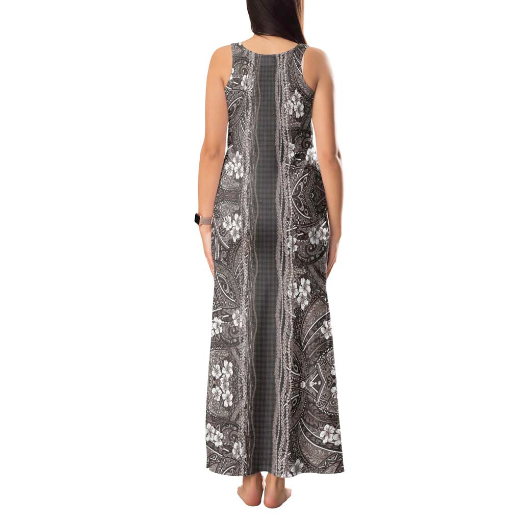 Hawaiian Art Flower Tribal with Lei Tank Maxi Dress Palaka Pattern Grayscale LT03 - Polynesian Pride