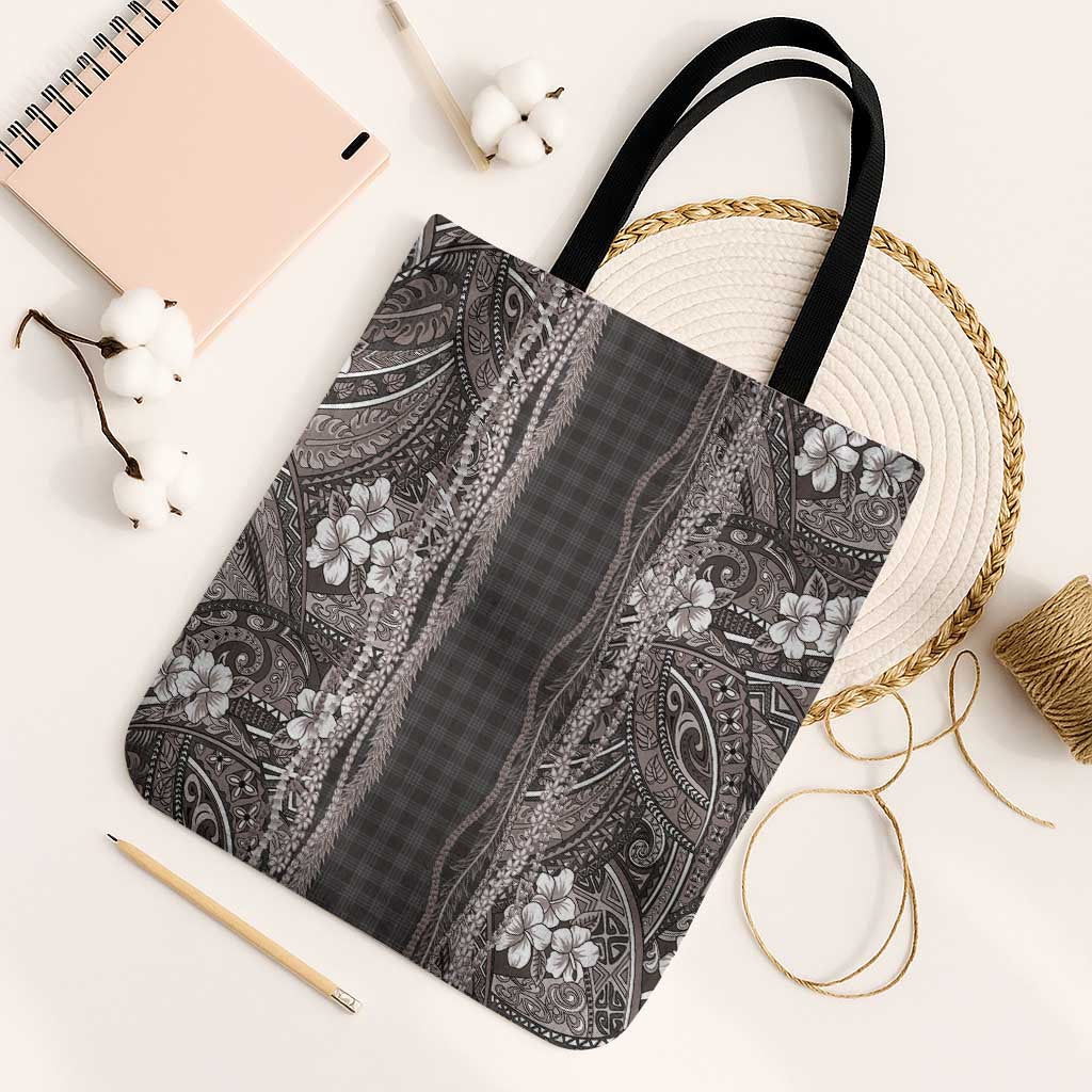 Hawaiian Art Flower Tribal with Lei Tote Bag Palaka Pattern Grayscale LT03 Black Strap One Size Gray - Polynesian Pride
