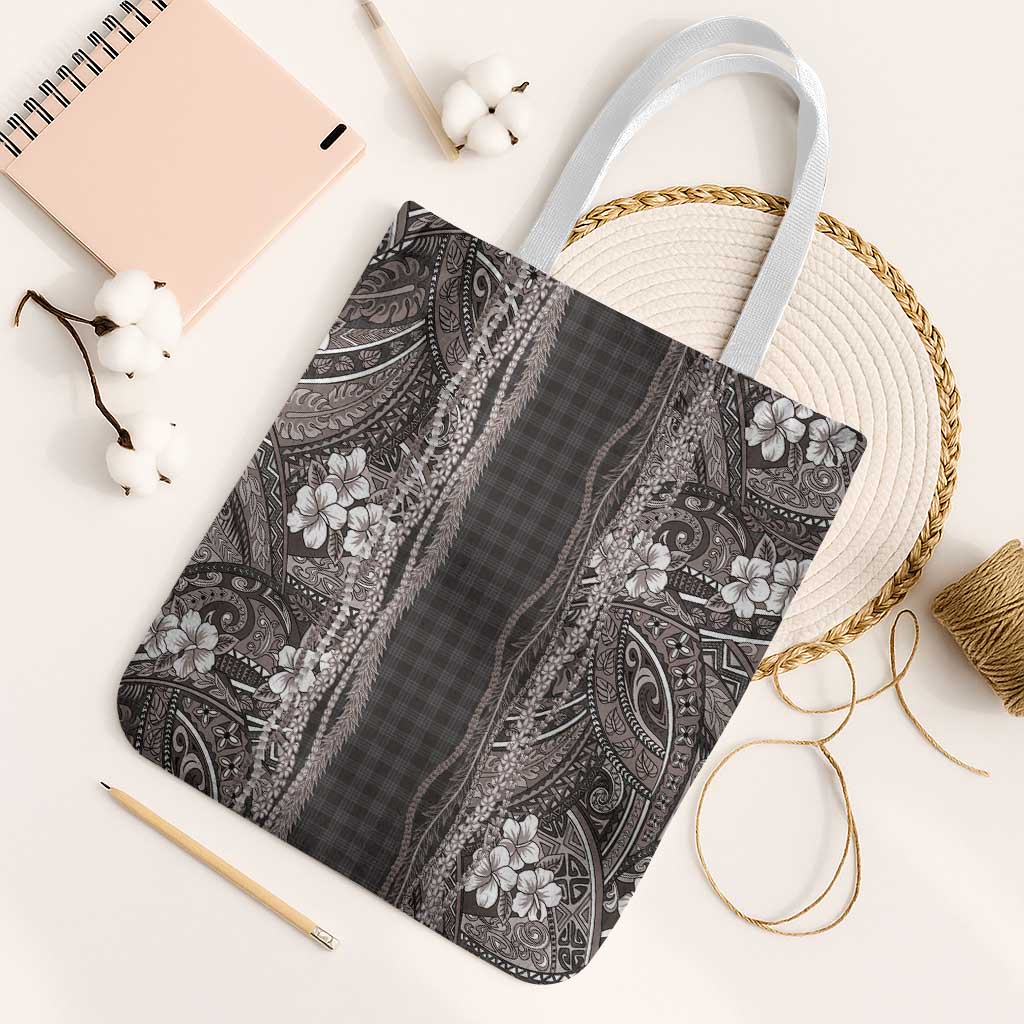 Hawaiian Art Flower Tribal with Lei Tote Bag Palaka Pattern Grayscale - Polynesian Pride