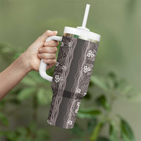 Hawaiian Art Flower Tribal with Lei Tumbler With Handle Palaka Pattern Grayscale - Polynesian Pride