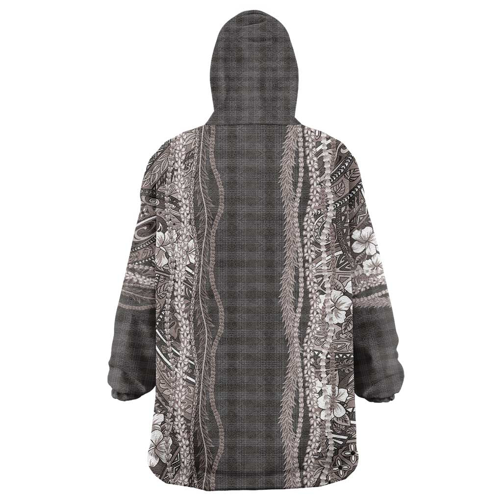 Hawaiian Art Flower Tribal with Lei Wearable Blanket Hoodie Palaka Pattern Grayscale - Polynesian Pride