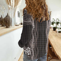 Hawaiian Art Flower Tribal with Lei Women Casual Shirt Palaka Pattern Grayscale LT03 - Polynesian Pride