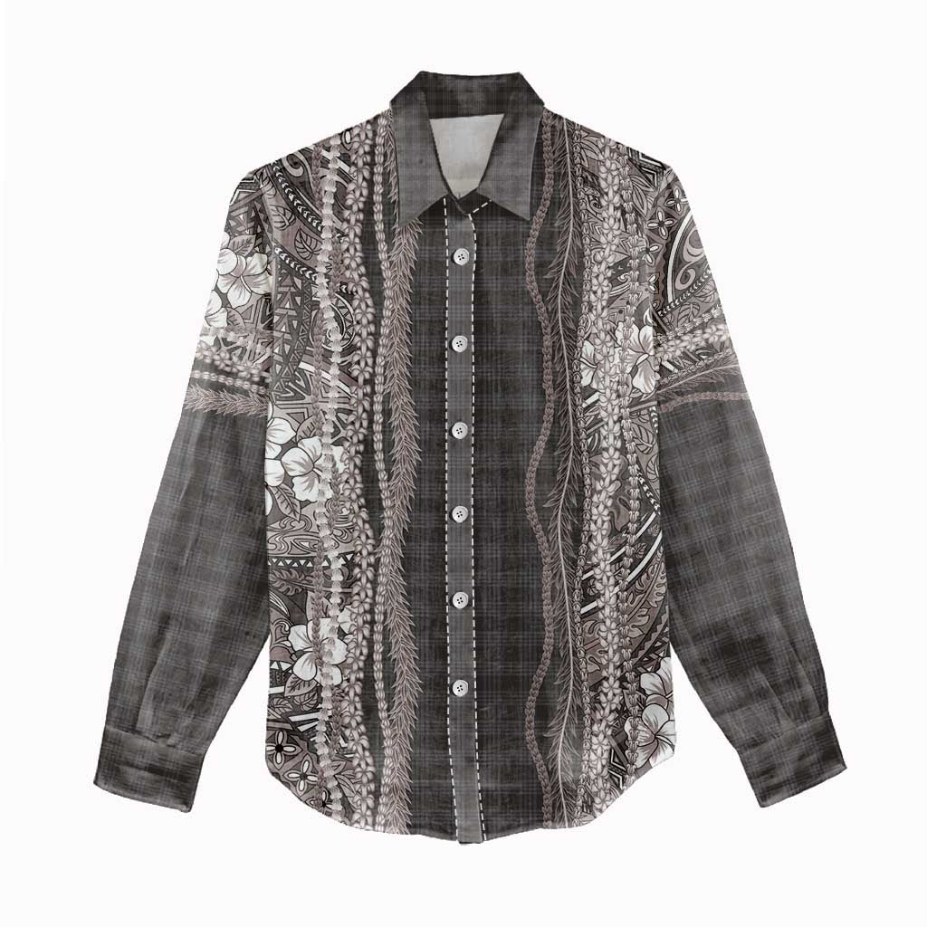 Hawaiian Art Flower Tribal with Lei Women Casual Shirt Palaka Pattern Grayscale LT03 - Polynesian Pride