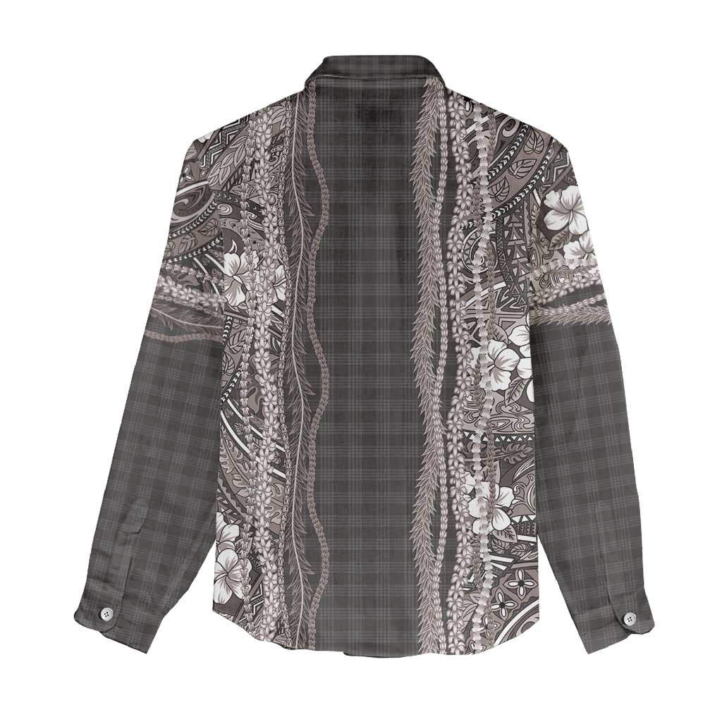 Hawaiian Art Flower Tribal with Lei Women Casual Shirt Palaka Pattern Grayscale LT03 - Polynesian Pride