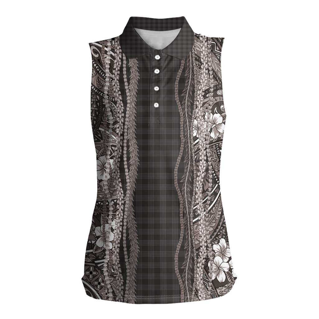 Hawaiian Art Flower Tribal with Lei Women Sleeveless Polo Shirt Palaka Pattern Grayscale - Polynesian Pride
