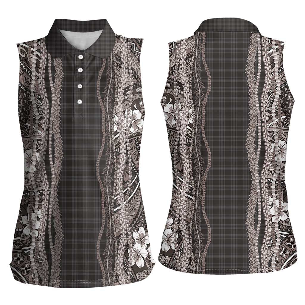 Hawaiian Art Flower Tribal with Lei Women Sleeveless Polo Shirt Palaka Pattern Grayscale - Polynesian Pride