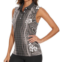 Hawaiian Art Flower Tribal with Lei Women Sleeveless Polo Shirt Palaka Pattern Grayscale - Polynesian Pride