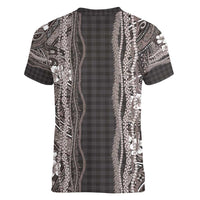 Hawaiian Art Flower Tribal with Lei Women V-Neck T-Shirt Palaka Pattern Grayscale - Polynesian Pride
