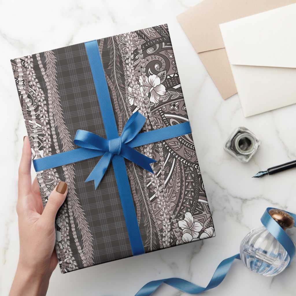 Hawaiian Art Flower Tribal with Lei Wrapping Paper Palaka Pattern Grayscale - Polynesian Pride