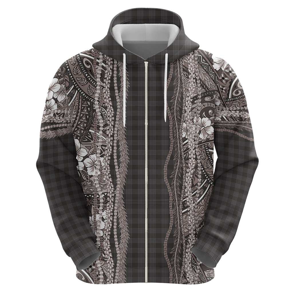 Hawaiian Art Flower Tribal with Lei Zip Hoodie Palaka Pattern Grayscale - Polynesian Pride