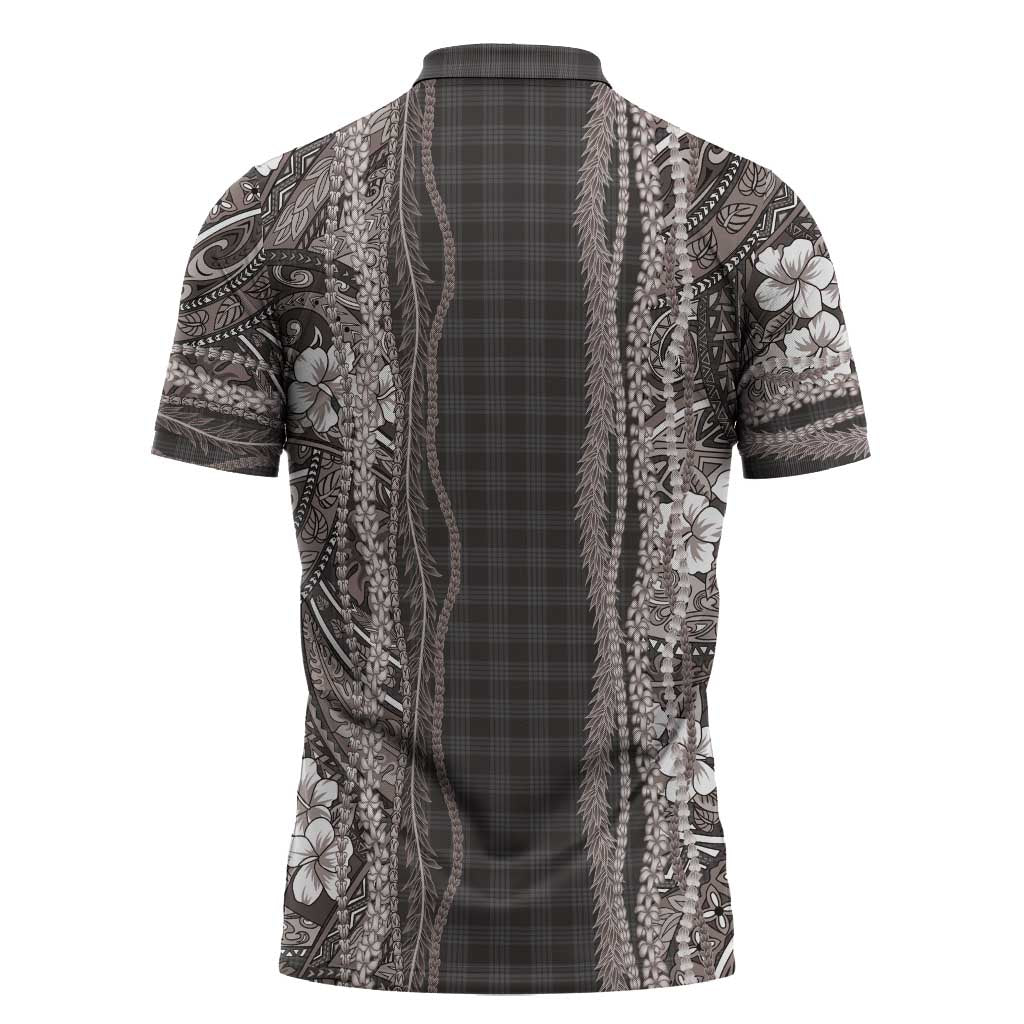 Hawaiian Art Flower Tribal with Lei Zipper Polo Shirt Palaka Pattern Grayscale - Polynesian Pride