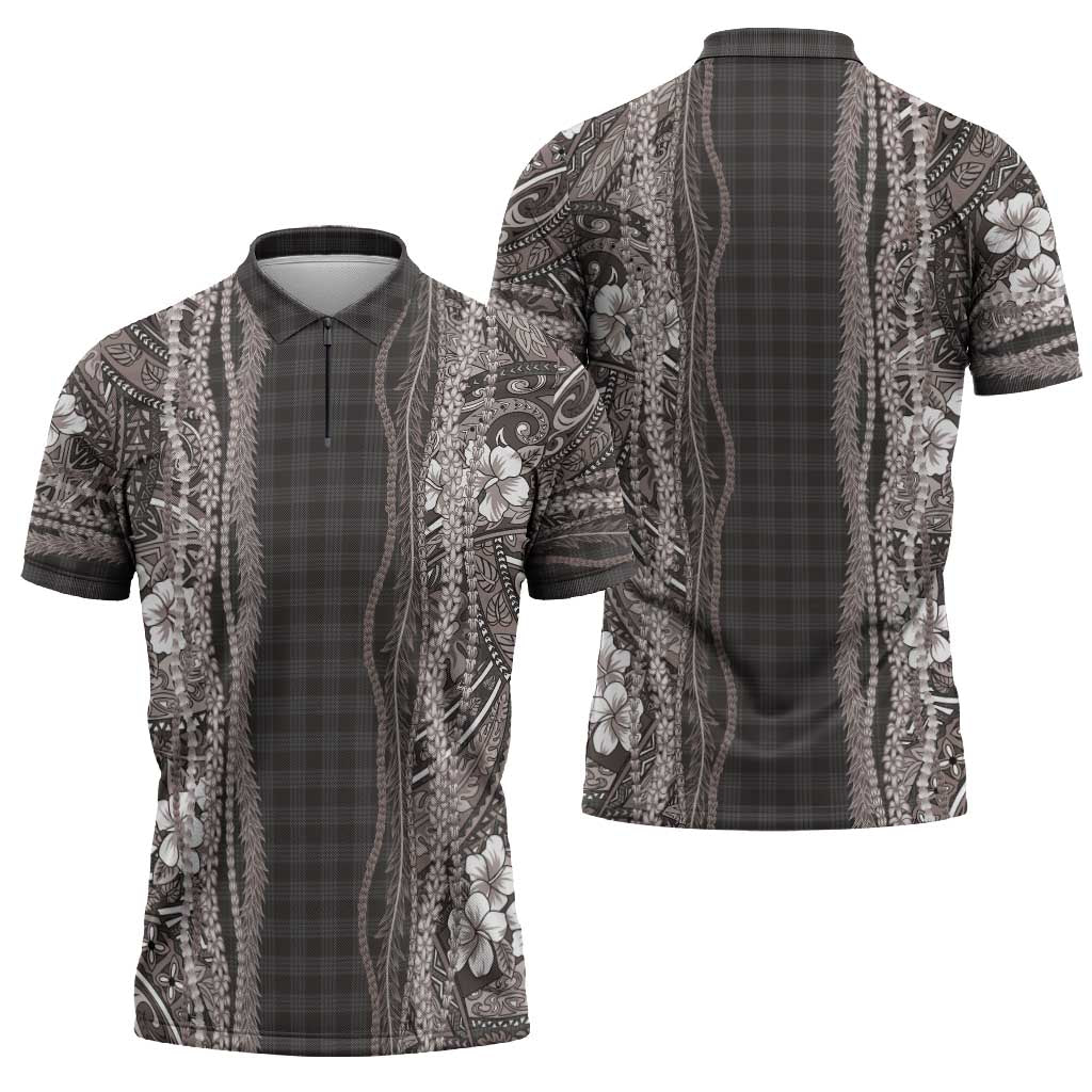 Hawaiian Art Flower Tribal with Lei Zipper Polo Shirt Palaka Pattern Grayscale - Polynesian Pride