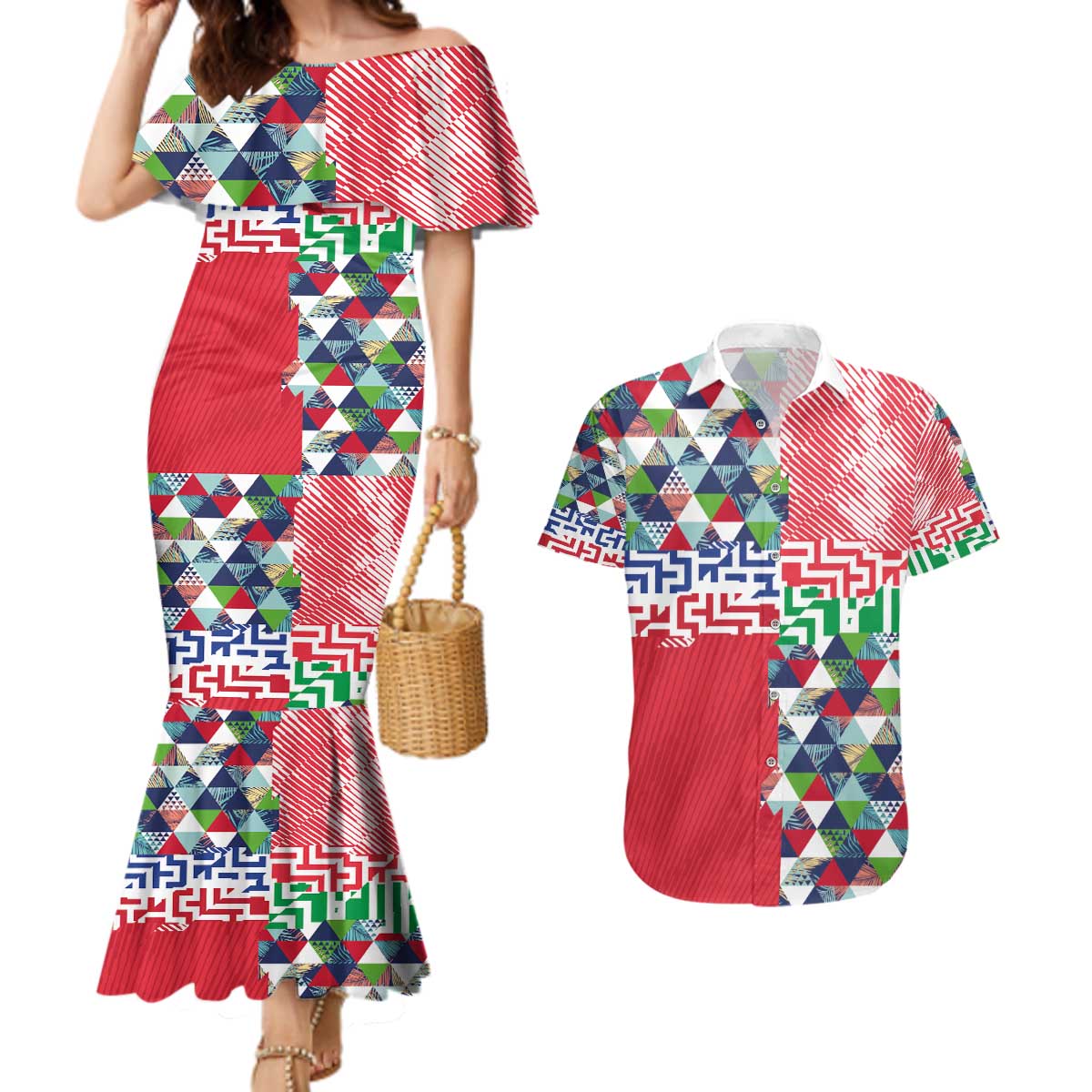 Hawaiian Floral Kakau Tropical Leaves-Sporty Style Couples Matching Mermaid Dress and Hawaiian Shirt