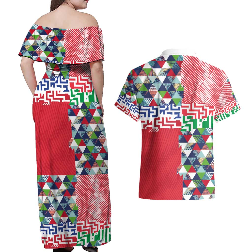 Hawaiian Floral Kakau Tropical Leaves-Sporty Style Couples Matching Off Shoulder Maxi Dress and Hawaiian Shirt