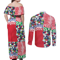 Hawaiian Floral Kakau Tropical Leaves-Sporty Style Couples Matching Off Shoulder Maxi Dress and Long Sleeve Button Shirt