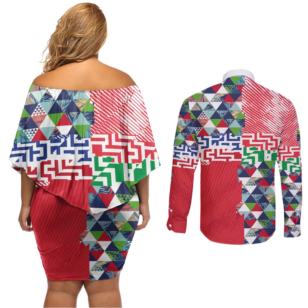 Hawaiian Floral Kakau Tropical Leaves-Sporty Style Couples Matching Off Shoulder Short Dress and Long Sleeve Button Shirt