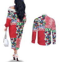 Hawaiian Floral Kakau Tropical Leaves-Sporty Style Couples Matching Off The Shoulder Long Sleeve Dress and Long Sleeve Button Shirt