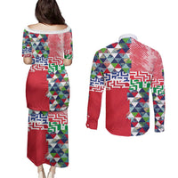 Hawaiian Floral Kakau Tropical Leaves-Sporty Style Couples Matching Puletasi and Long Sleeve Button Shirt