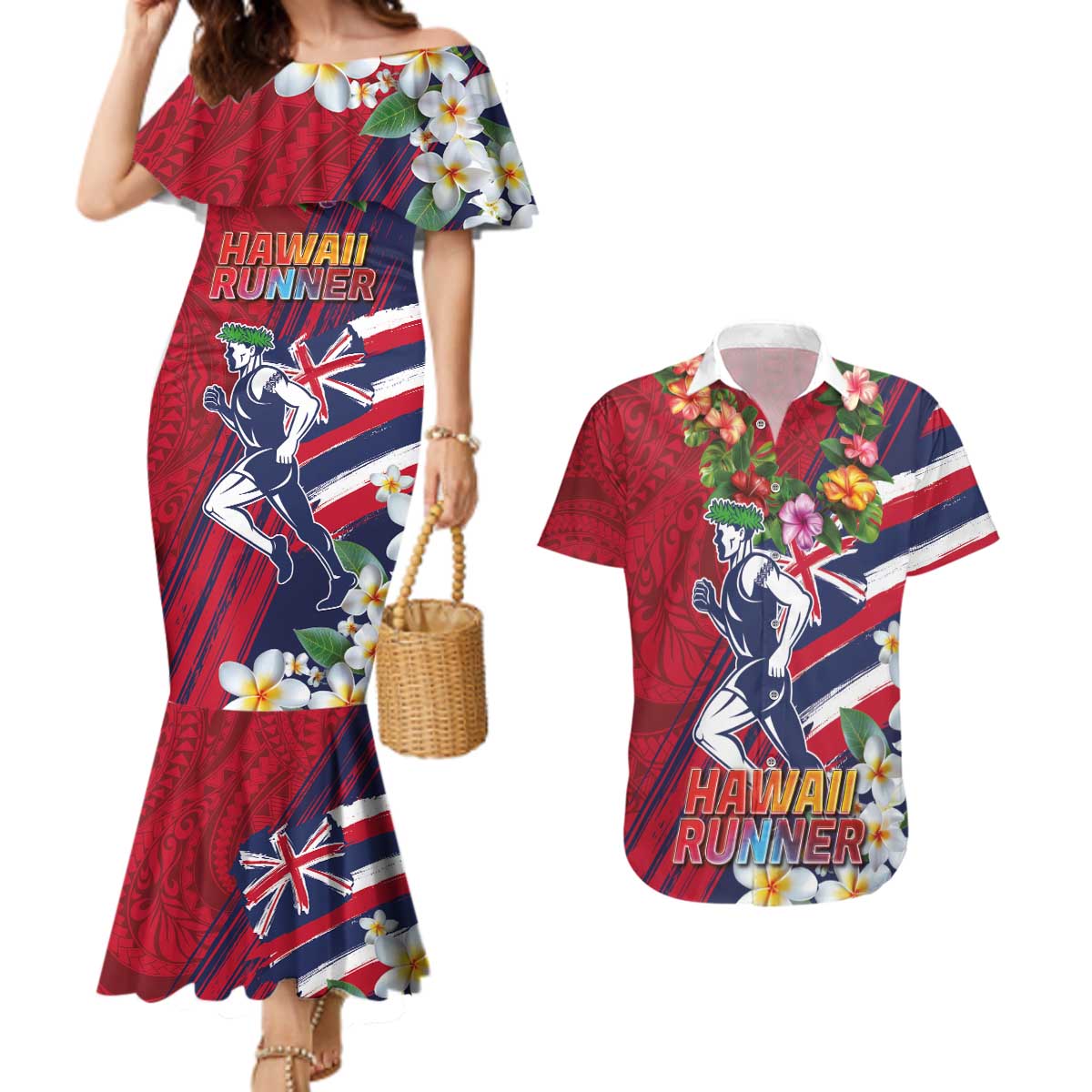 Hawaii Runner-Kakau Art with Lei and Plumeria Couples Matching Mermaid Dress and Hawaiian Shirt LT03 Red-Blue - Polynesian Pride