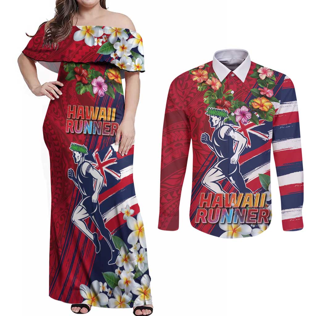 Hawaii Runner-Kakau Art with Lei and Plumeria Couples Matching Off Shoulder Maxi Dress and Long Sleeve Button Shirt LT03 Red-Blue - Polynesian Pride
