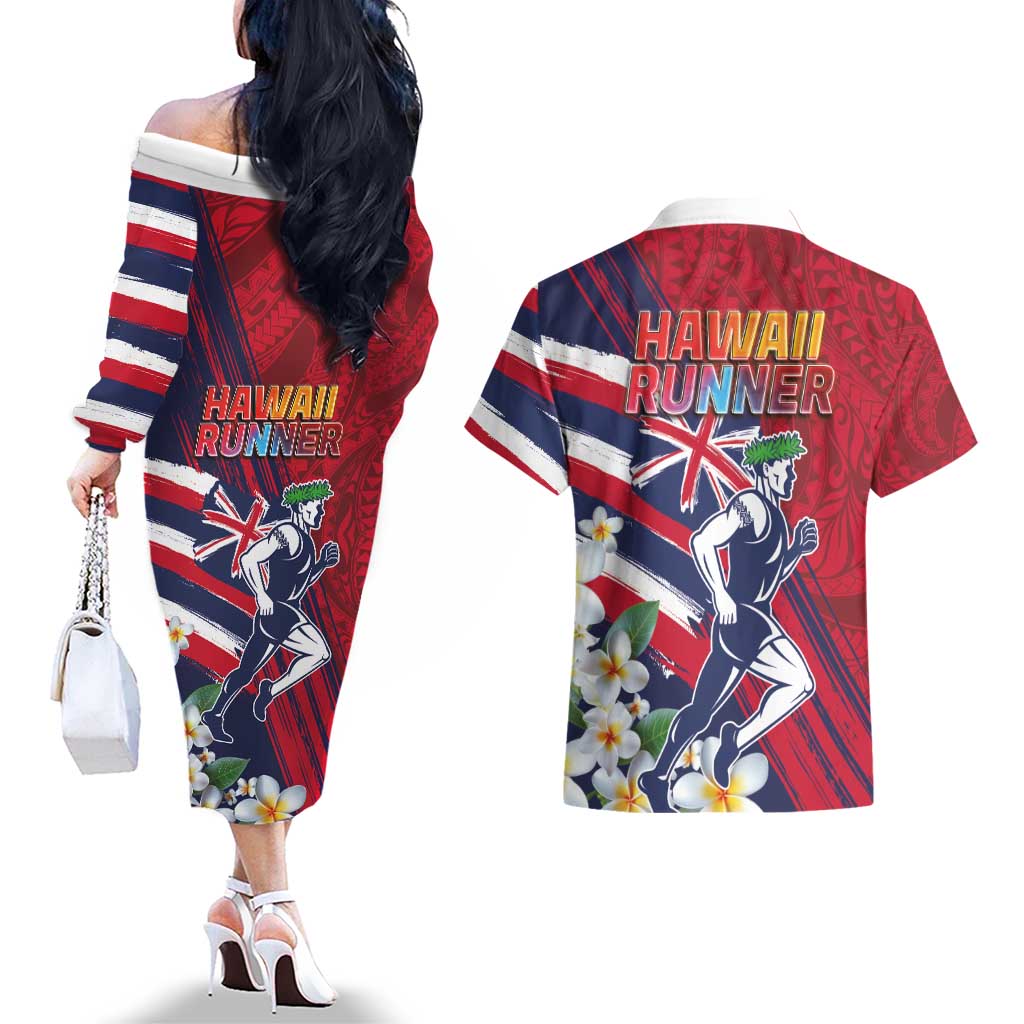Hawaii Runner-Kakau Art with Lei and Plumeria Couples Matching Off The Shoulder Long Sleeve Dress and Hawaiian Shirt
