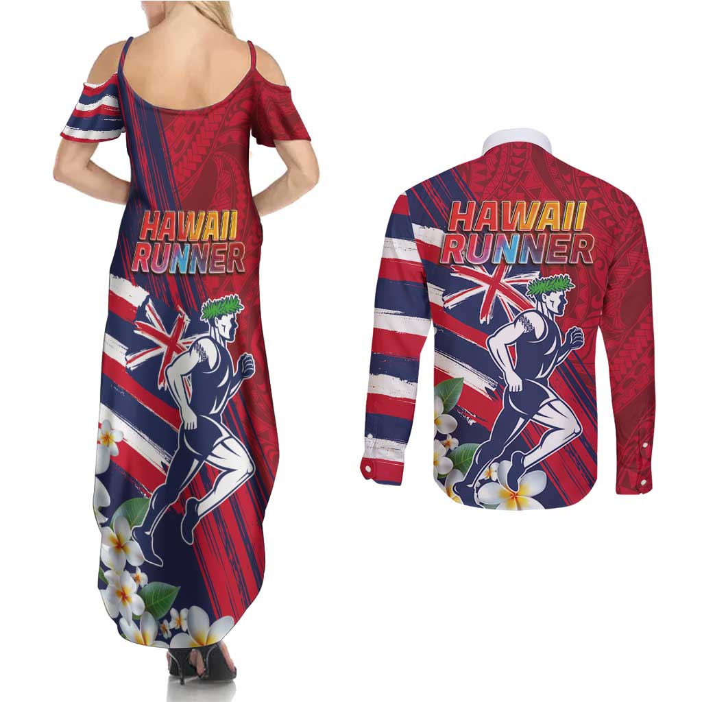 Hawaii Runner-Kakau Art with Lei and Plumeria Couples Matching Summer Maxi Dress and Long Sleeve Button Shirt