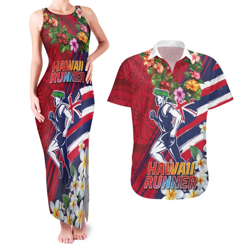 Hawaii Runner-Kakau Art with Lei and Plumeria Couples Matching Tank Maxi Dress and Hawaiian Shirt LT03 Red-Blue - Polynesian Pride