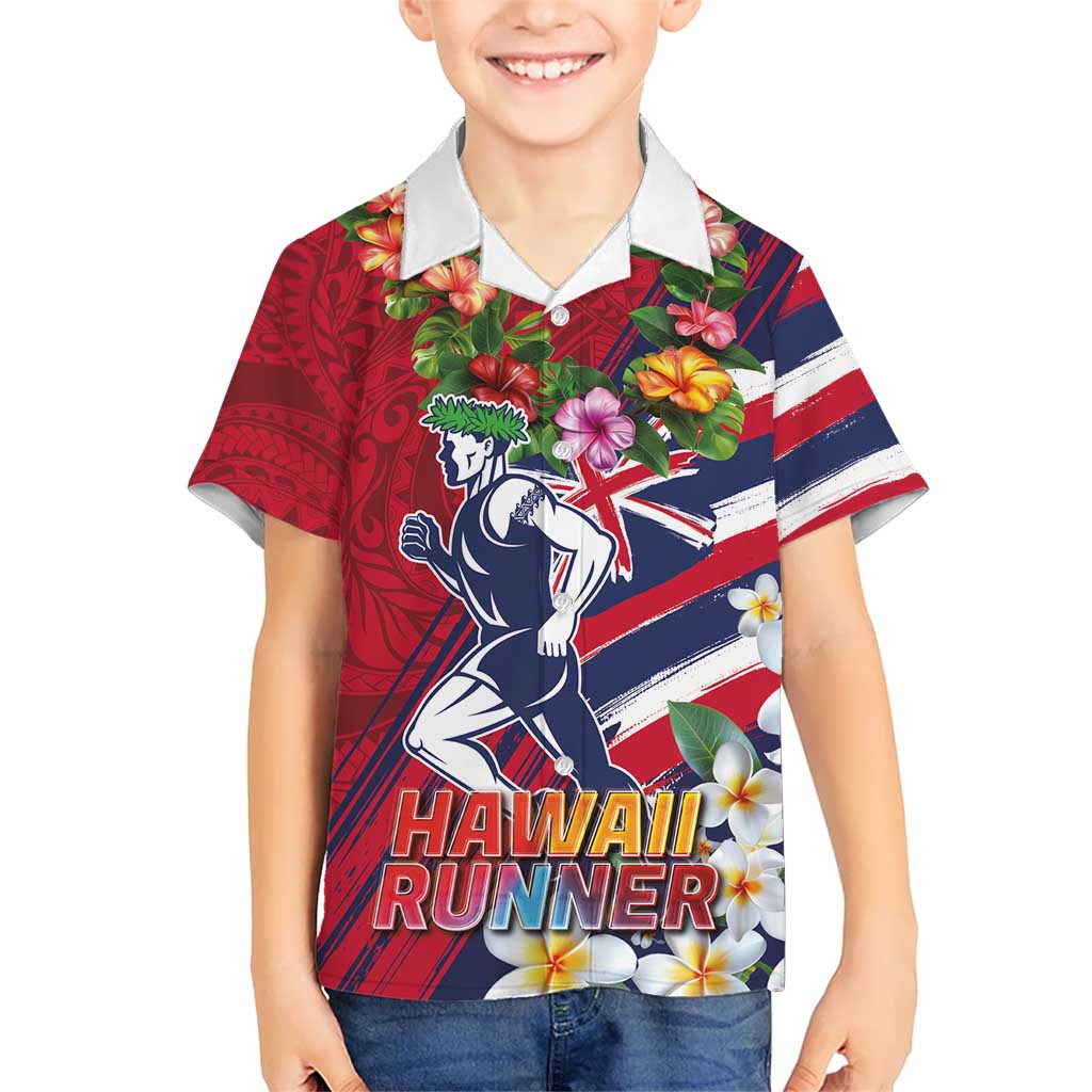 Hawaii Runner-Kakau Art with Lei and Plumeria Kid Hawaiian Shirt LT03 Kid Red-Blue - Polynesian Pride