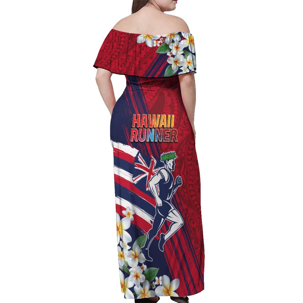 Hawaii Runner-Kakau Art with Lei and Plumeria Off Shoulder Maxi Dress