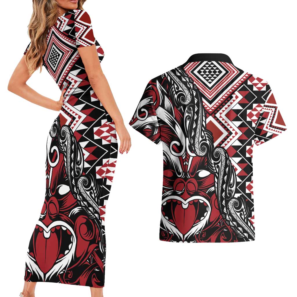 Aotearoa Maori Moko Art with Taniko Half Style Couples Matching Short Sleeve Bodycon Dress and Hawaiian Shirt