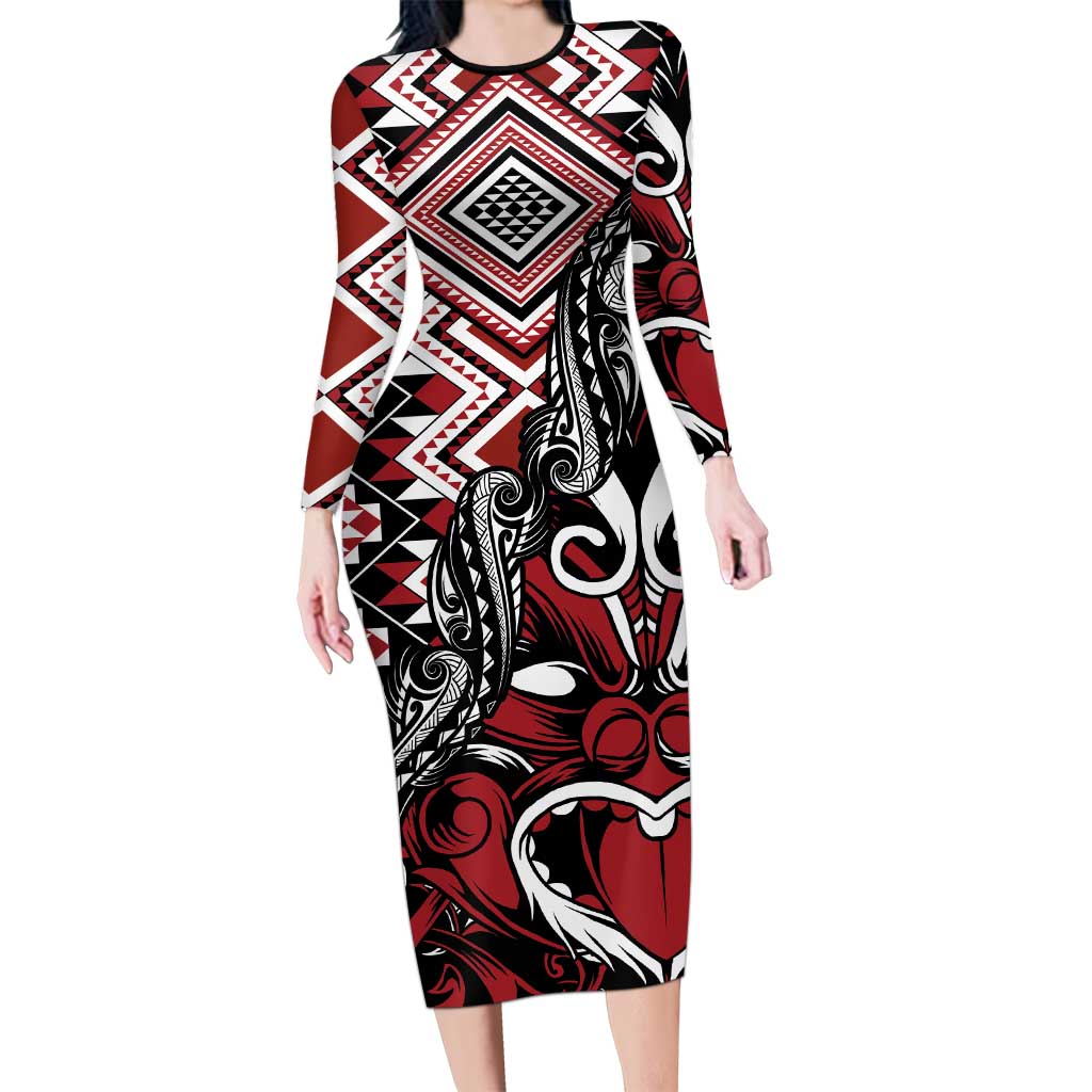 Aotearoa Maori Moko Art with Taniko Half Style Long Sleeve Bodycon Dress LT03 Long Dress Black - Polynesian Pride