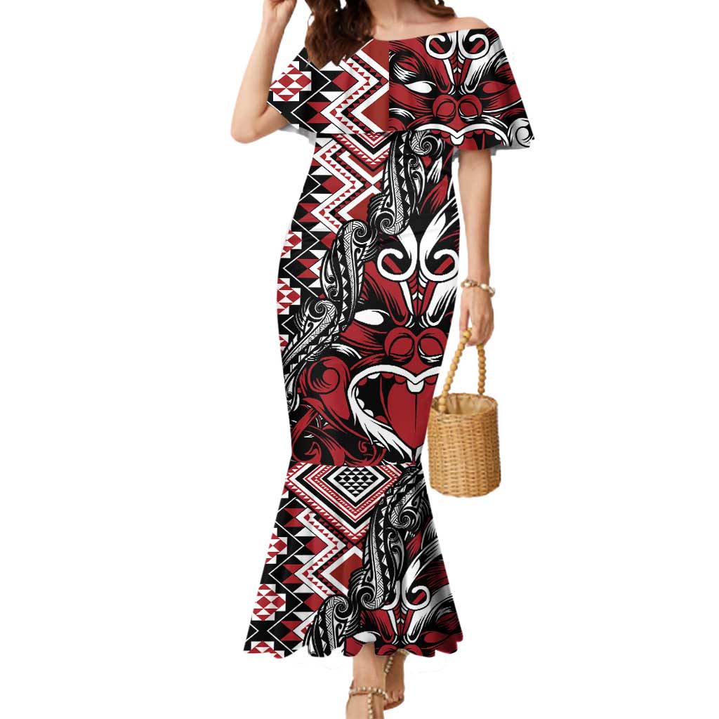 Aotearoa Maori Moko Art with Taniko Half Style Mermaid Dress LT03 Women Black - Polynesian Pride