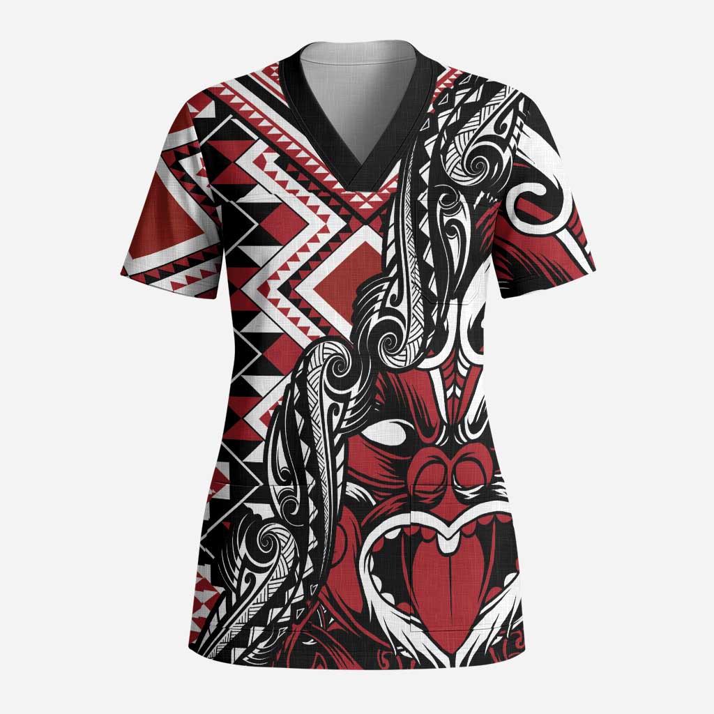 Aotearoa Maori Moko Art with Taniko Half Style Scrub Top LT03 Adult Black - Polynesian Pride
