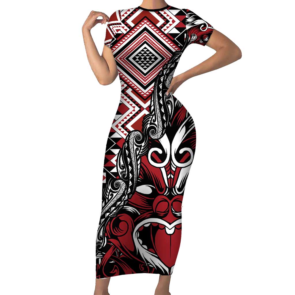 Aotearoa Maori Moko Art with Taniko Half Style Short Sleeve Bodycon Dress LT03 Long Dress Black - Polynesian Pride