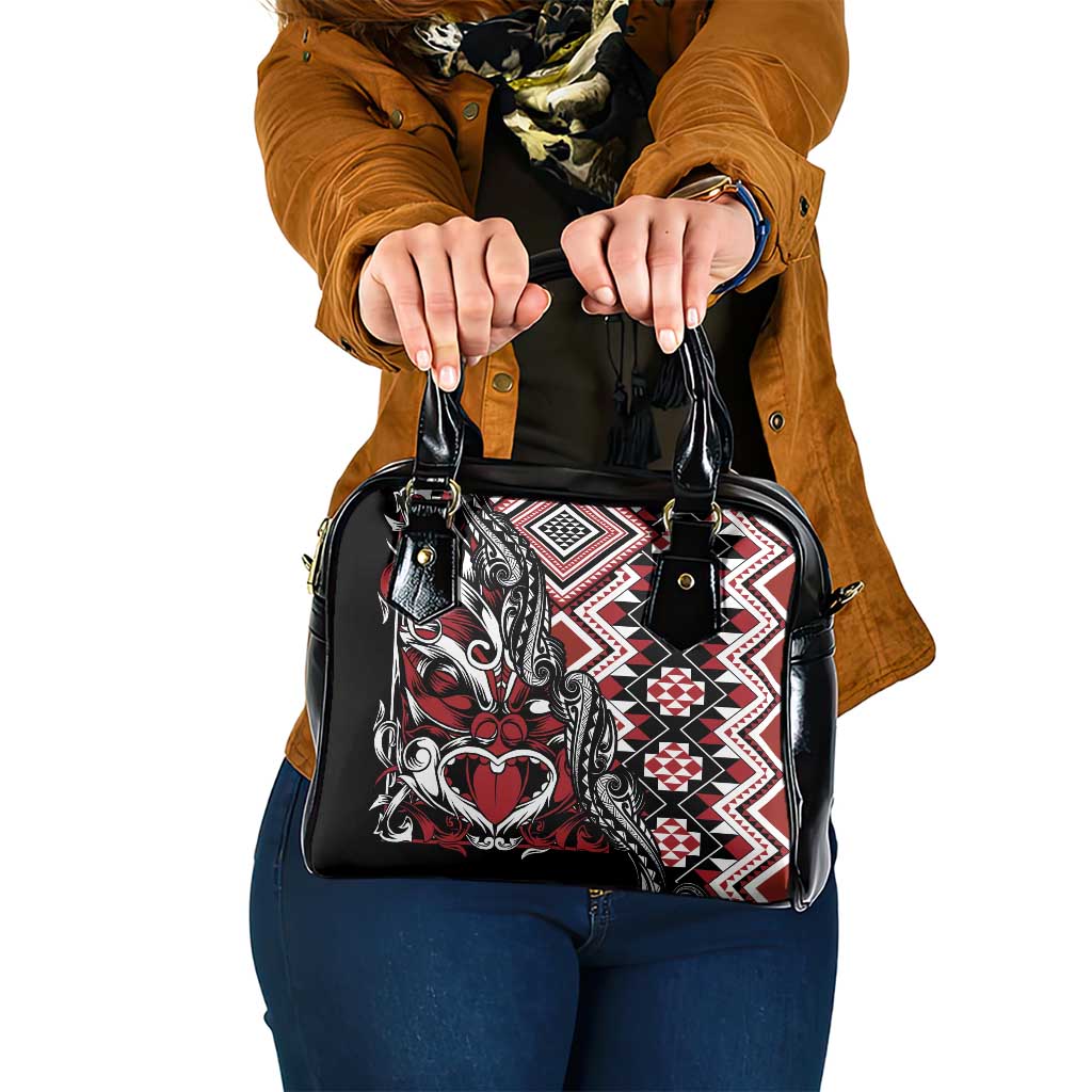 Aotearoa Maori Moko Art with Taniko Half Style Shoulder Handbag LT03 One Size Black - Polynesian Pride