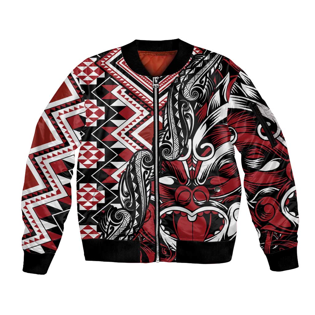Aotearoa Maori Moko Art with Taniko Half Style Sleeve Zip Bomber Jacket LT03 Unisex Black - Polynesian Pride