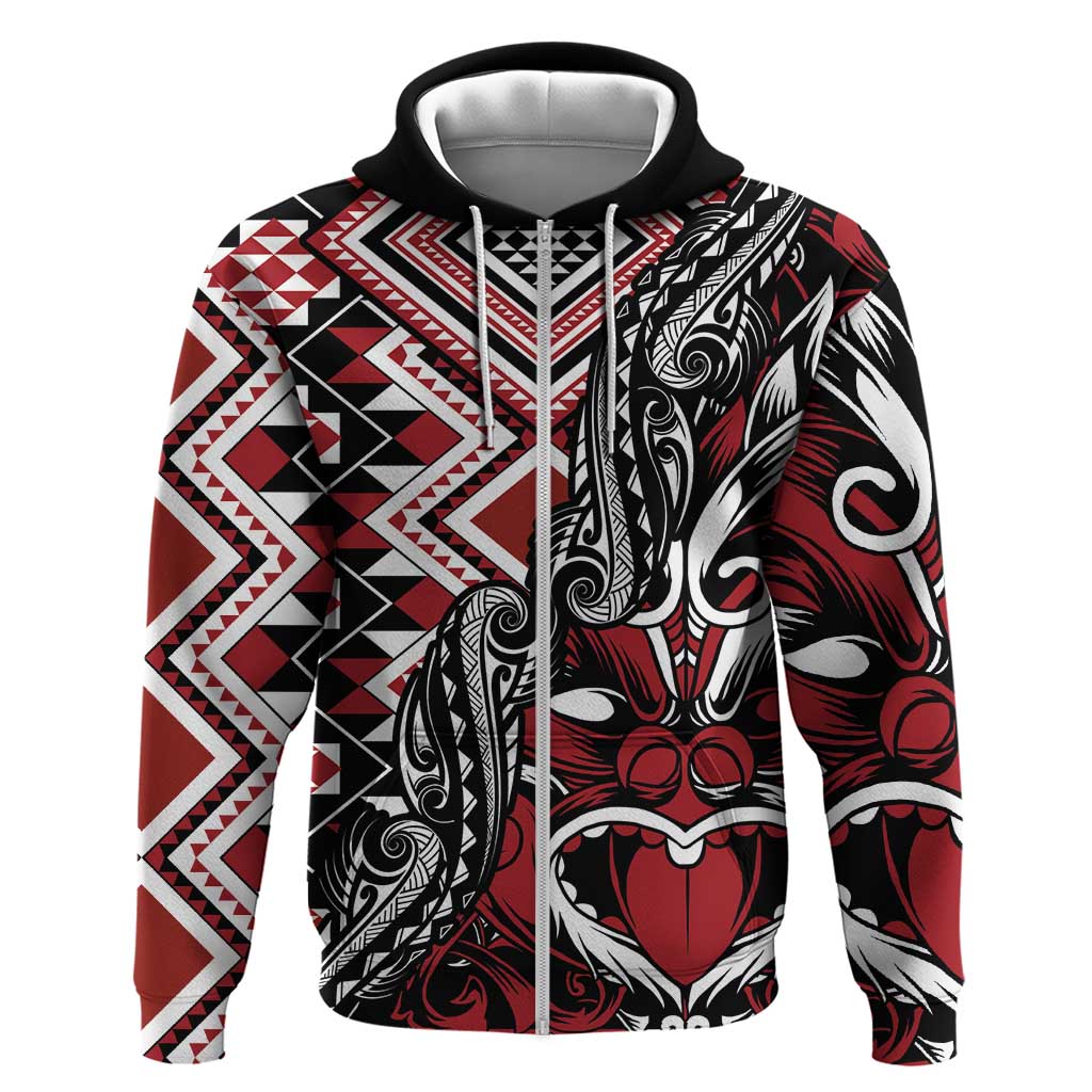 Aotearoa Maori Moko Art with Taniko Half Style Zip Hoodie LT03 Zip Hoodie Black - Polynesian Pride