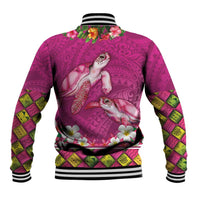 Hawaiian Lei Turtle and Plumeria Baseball Jacket Polynerian Art Tattoo-Plum Pink Color
