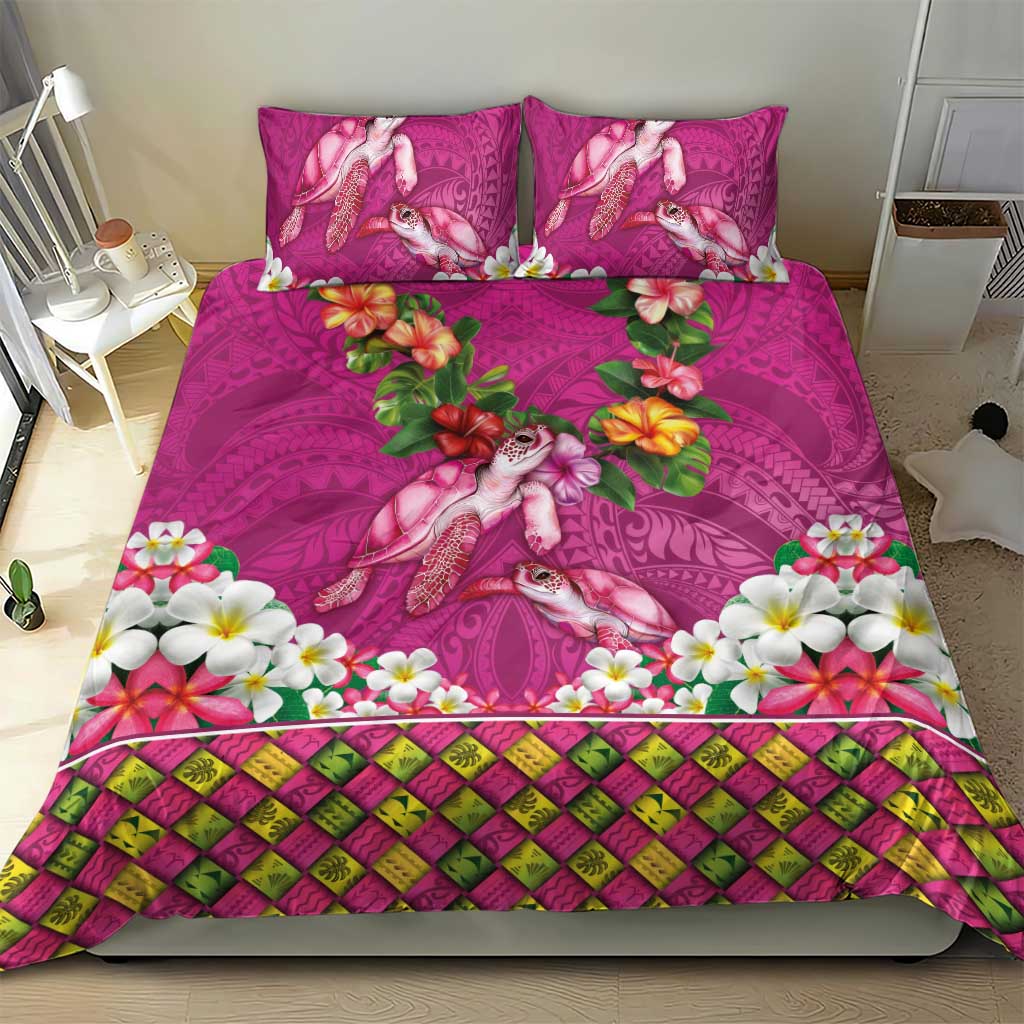 Hawaiian Lei Turtle and Plumeria Bedding Set Polynerian Art Tattoo-Plum Pink Color