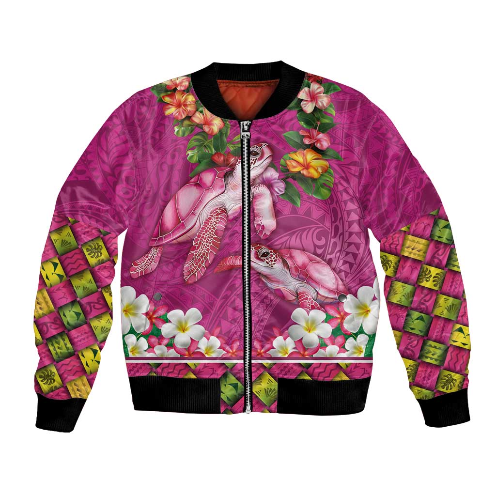 Hawaiian Lei Turtle and Plumeria Bomber Jacket Polynerian Art Tattoo-Plum Pink Color LT03 Unisex Pink - Polynesian Pride