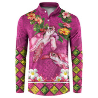 Hawaiian Lei Turtle and Plumeria Button Sweatshirt Polynerian Art Tattoo-Plum Pink Color