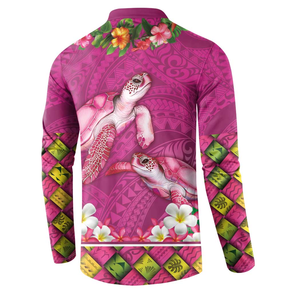 Hawaiian Lei Turtle and Plumeria Button Sweatshirt Polynerian Art Tattoo-Plum Pink Color