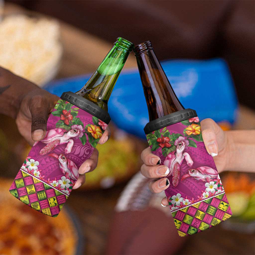 Hawaiian Lei Turtle and Plumeria 4 in 1 Can Cooler Tumbler Polynerian Art Tattoo-Plum Pink Color