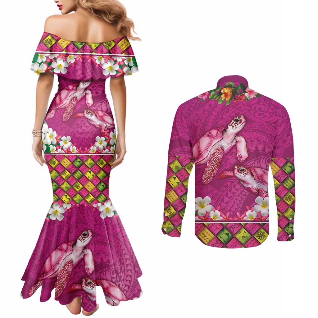Hawaiian Lei Turtle and Plumeria Couples Matching Mermaid Dress and Long Sleeve Button Shirt Polynerian Art Tattoo-Plum Pink Color