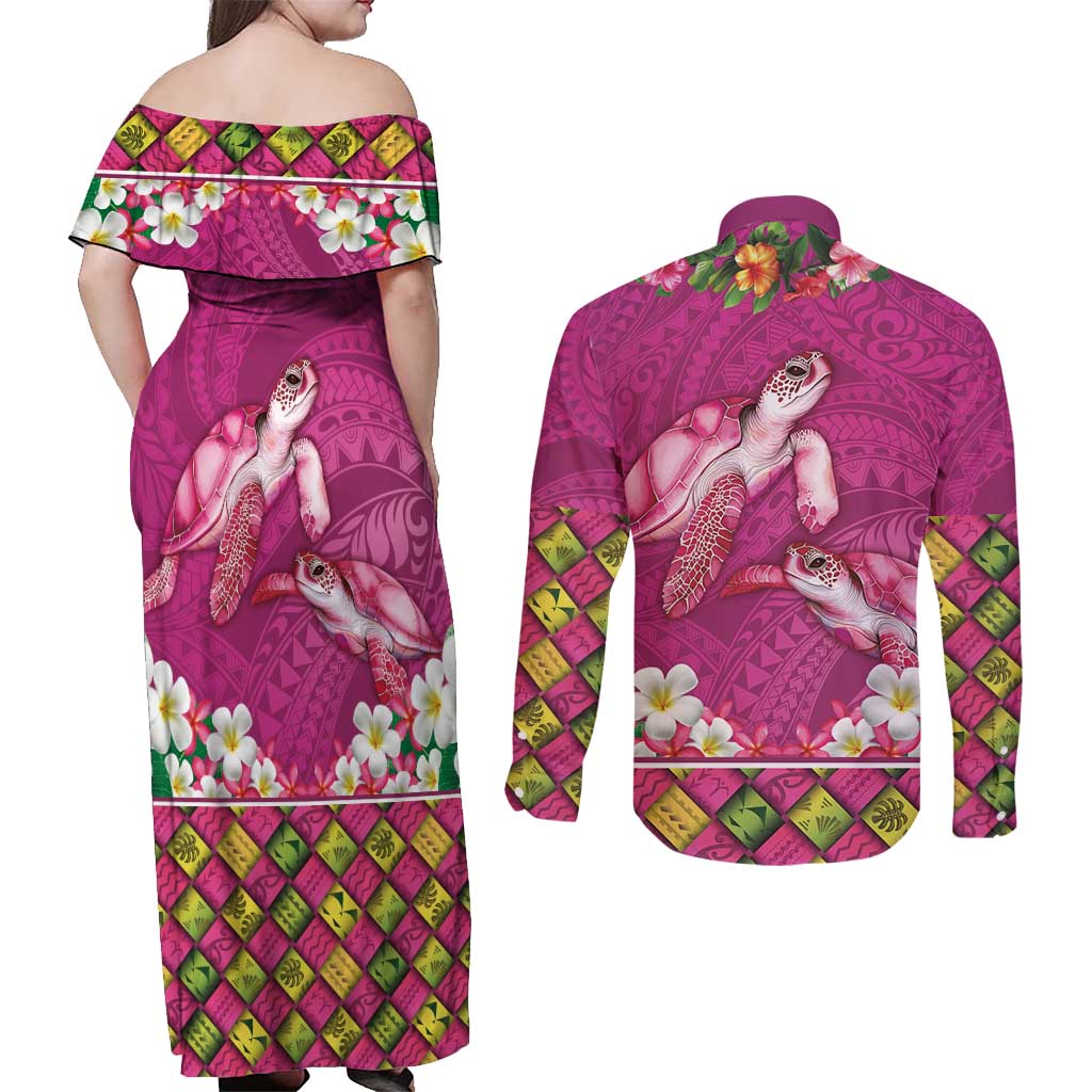 Hawaiian Lei Turtle and Plumeria Couples Matching Off Shoulder Maxi Dress and Long Sleeve Button Shirt Polynerian Art Tattoo-Plum Pink Color