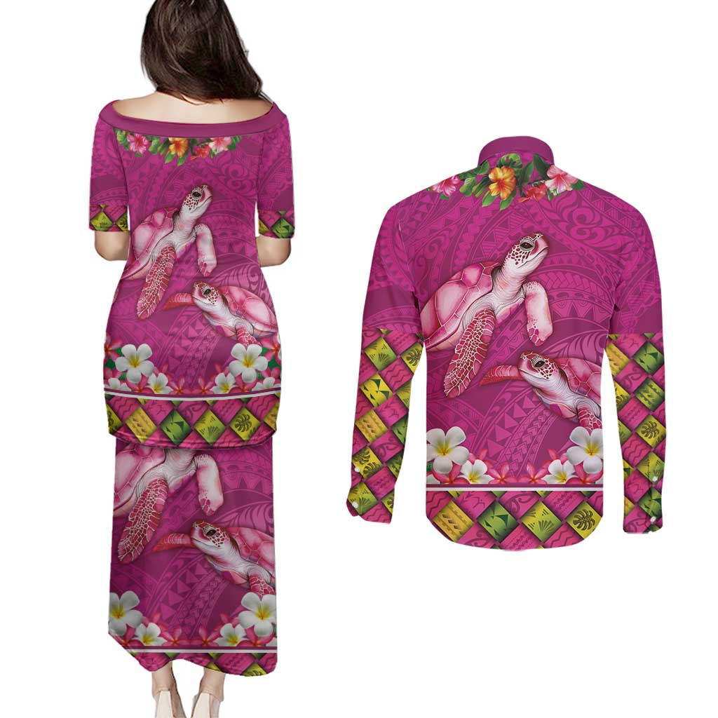 Hawaiian Lei Turtle and Plumeria Couples Matching Puletasi and Long Sleeve Button Shirt Polynerian Art Tattoo-Plum Pink Color