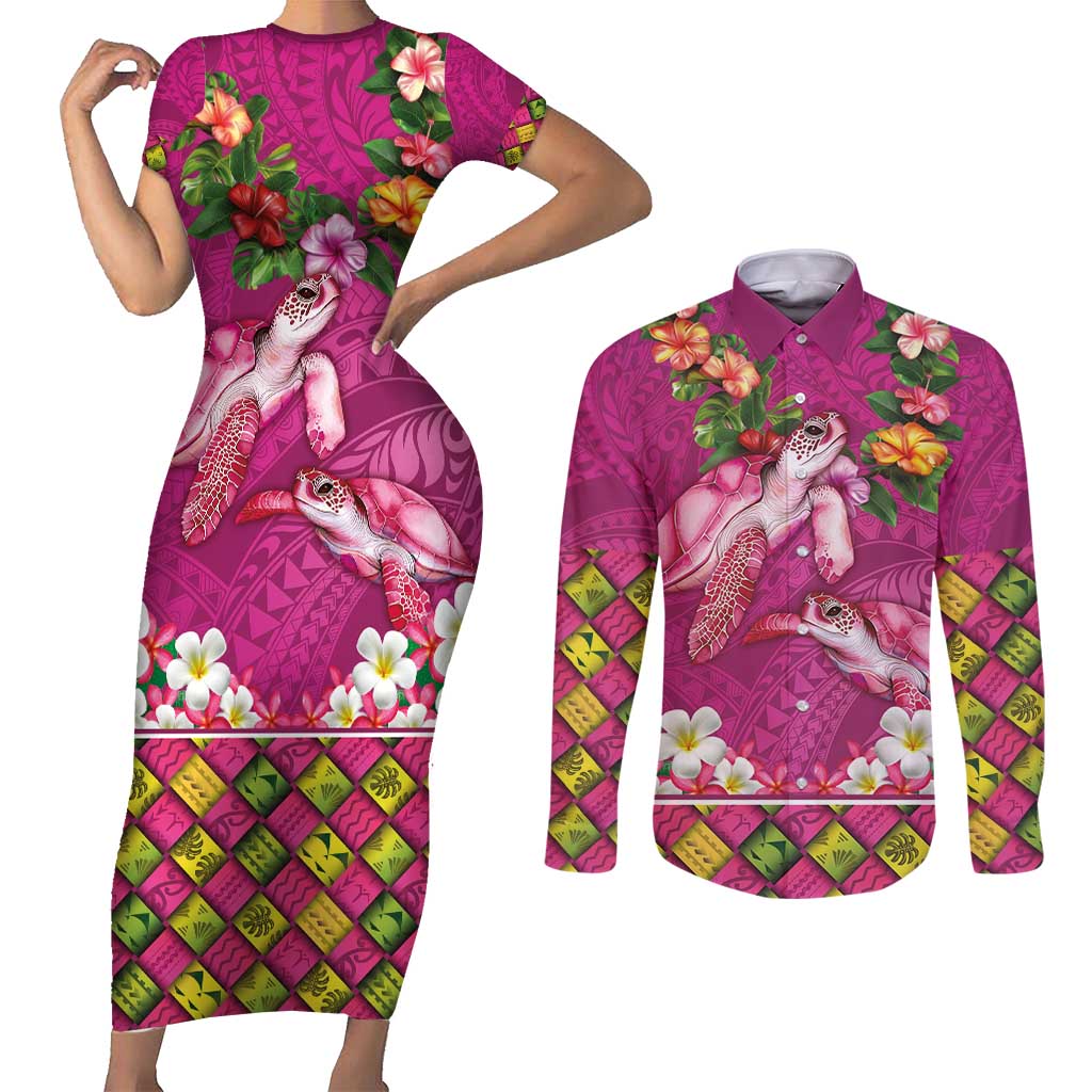 Hawaiian Lei Turtle and Plumeria Couples Matching Short Sleeve Bodycon Dress and Long Sleeve Button Shirt Polynerian Art Tattoo-Plum Pink Color LT03 Pink - Polynesian Pride