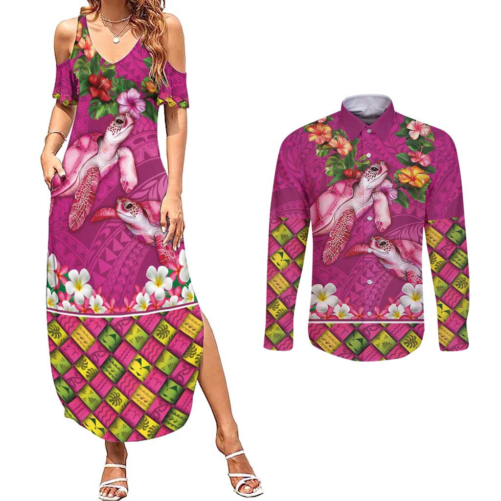 Hawaiian Lei Turtle and Plumeria Couples Matching Summer Maxi Dress and Long Sleeve Button Shirt Polynerian Art Tattoo-Plum Pink Color